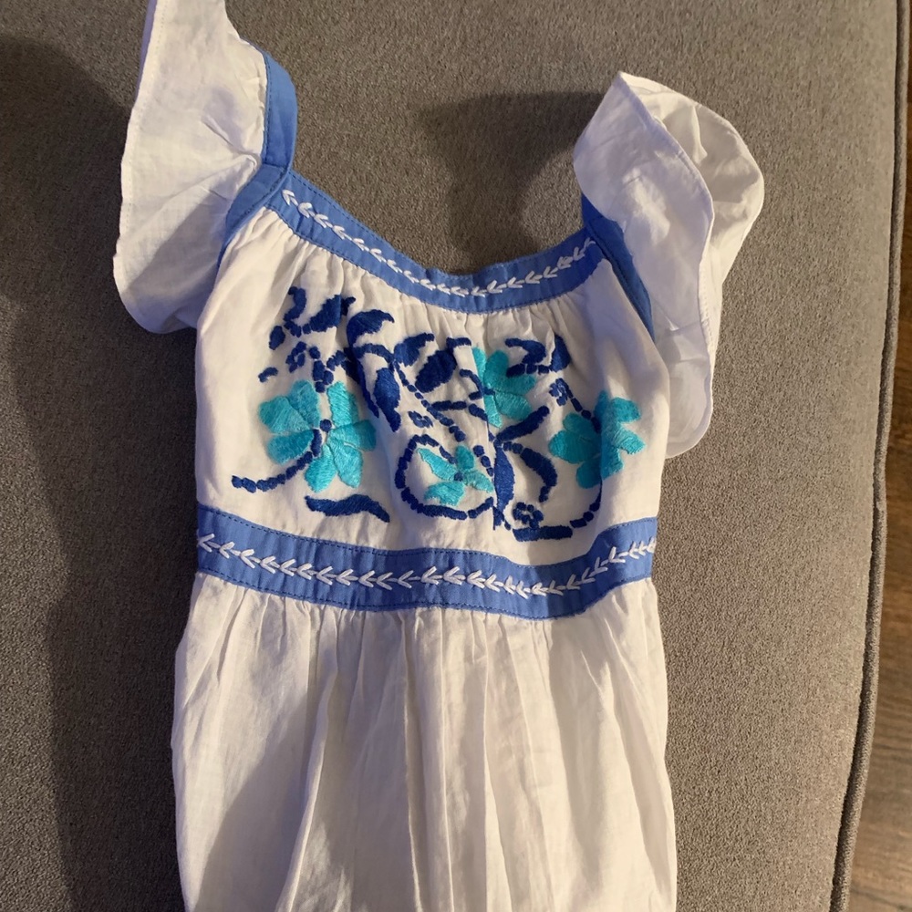 White & Blue Embroidered Ruffle Romper NWOT